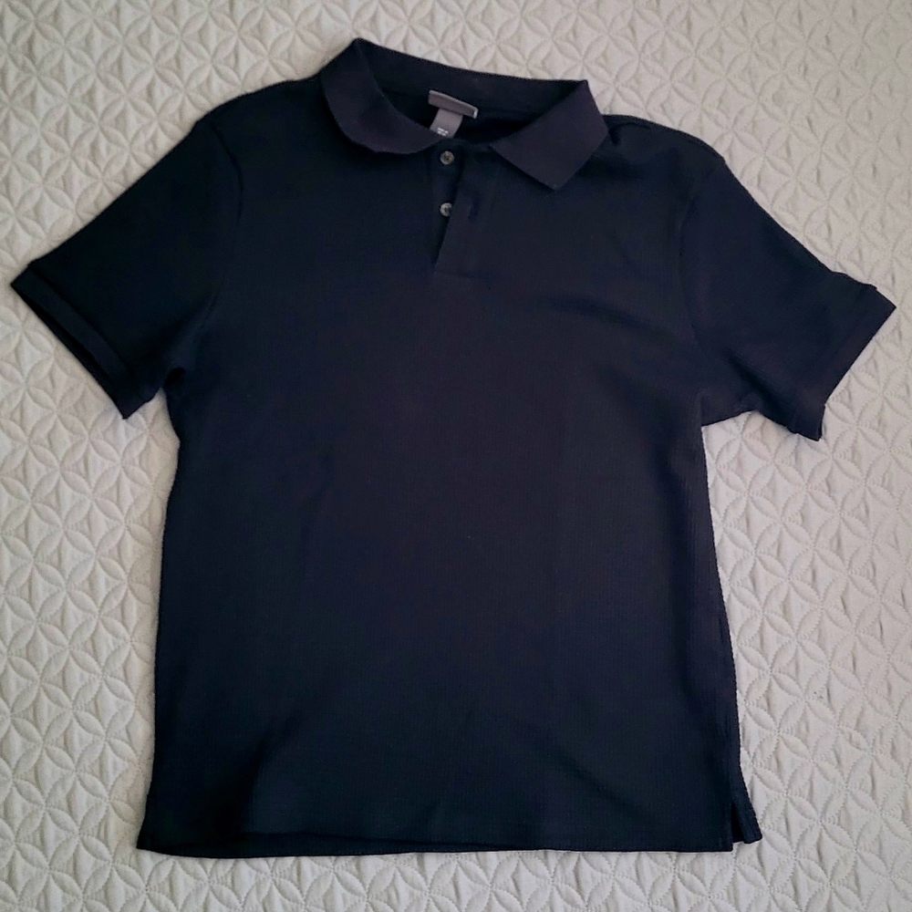 H&M Men's Black Polo Shirt  waffle Textured Knit Top Slim Fit